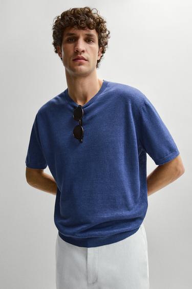 T-shirt léger 100 % lin - Bleu moyen de Zara