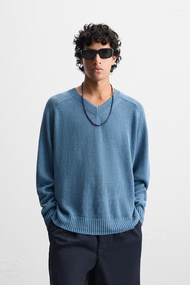 100% LINEN SWEATER - Blue / Grey by Zara