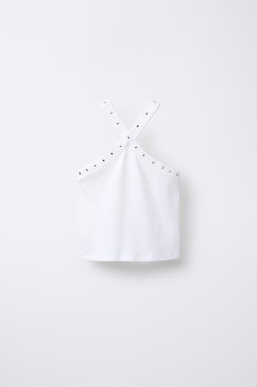 RIBBED HALTER TOP WITH STUDS - White by Zara