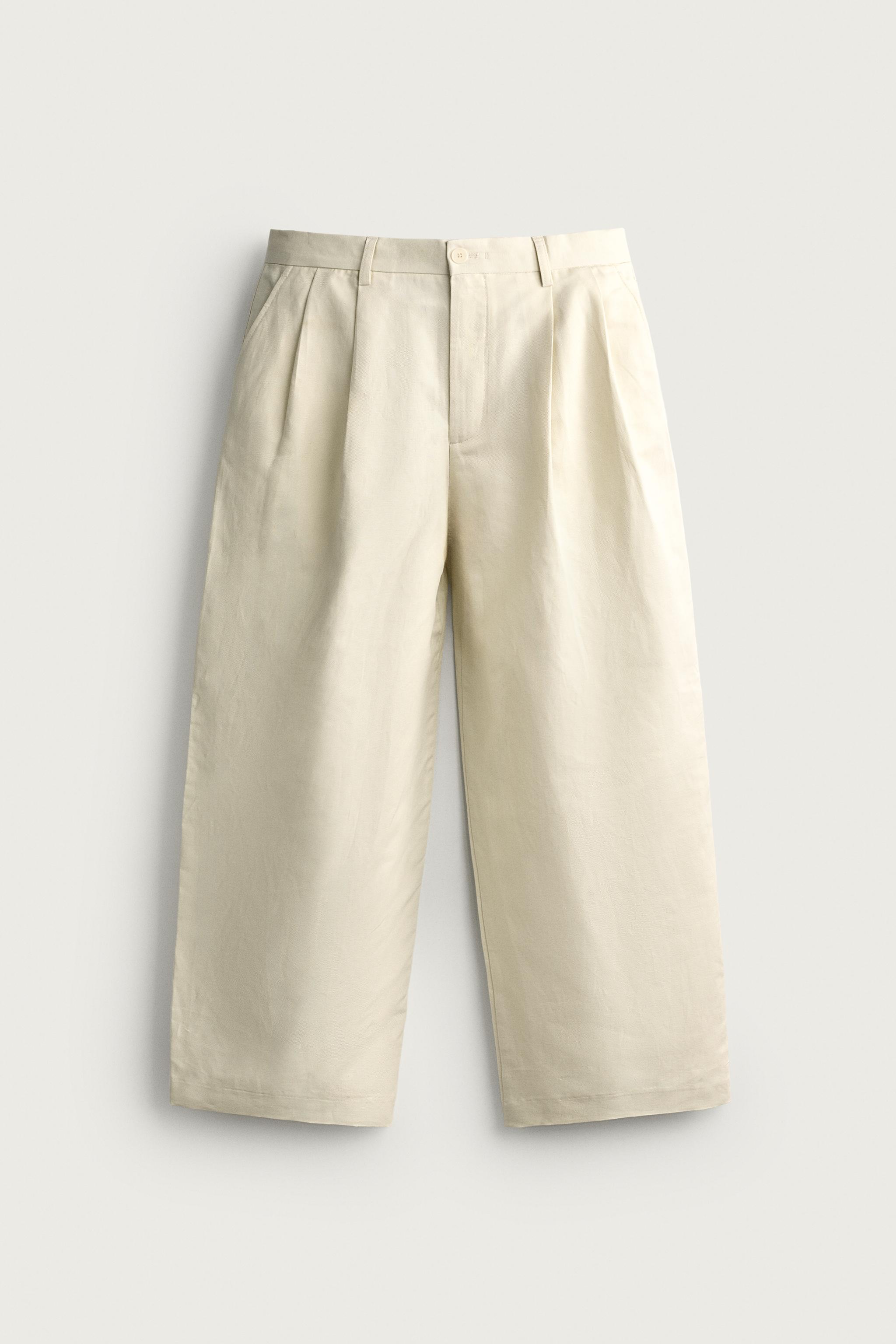 COTTON-LINEN PLEATED CHINO TROUSERS — Sea green