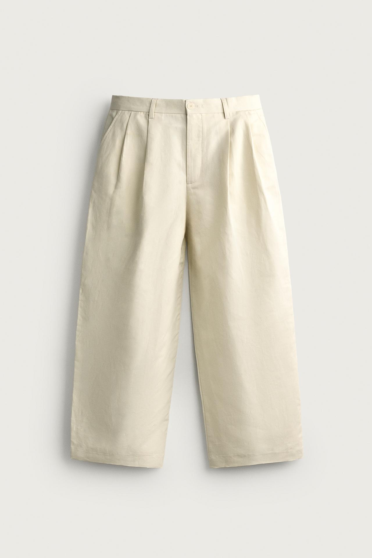 COTTON-LINEN PLEATED CHINO PANTS — Sea green