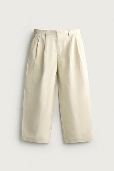 Zara COTTON-LINEN PLEATED CHINO TROUSERS - Sea green
