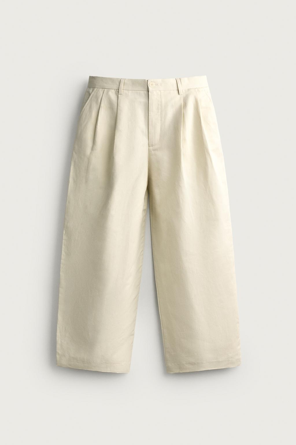 COTTON/LINEN PLEATED CHINO TROUSERS