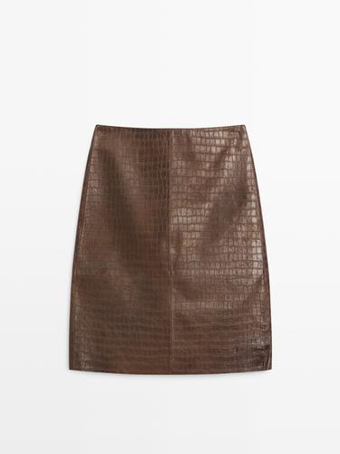 Zara Short leather mock croc skirt - Brown