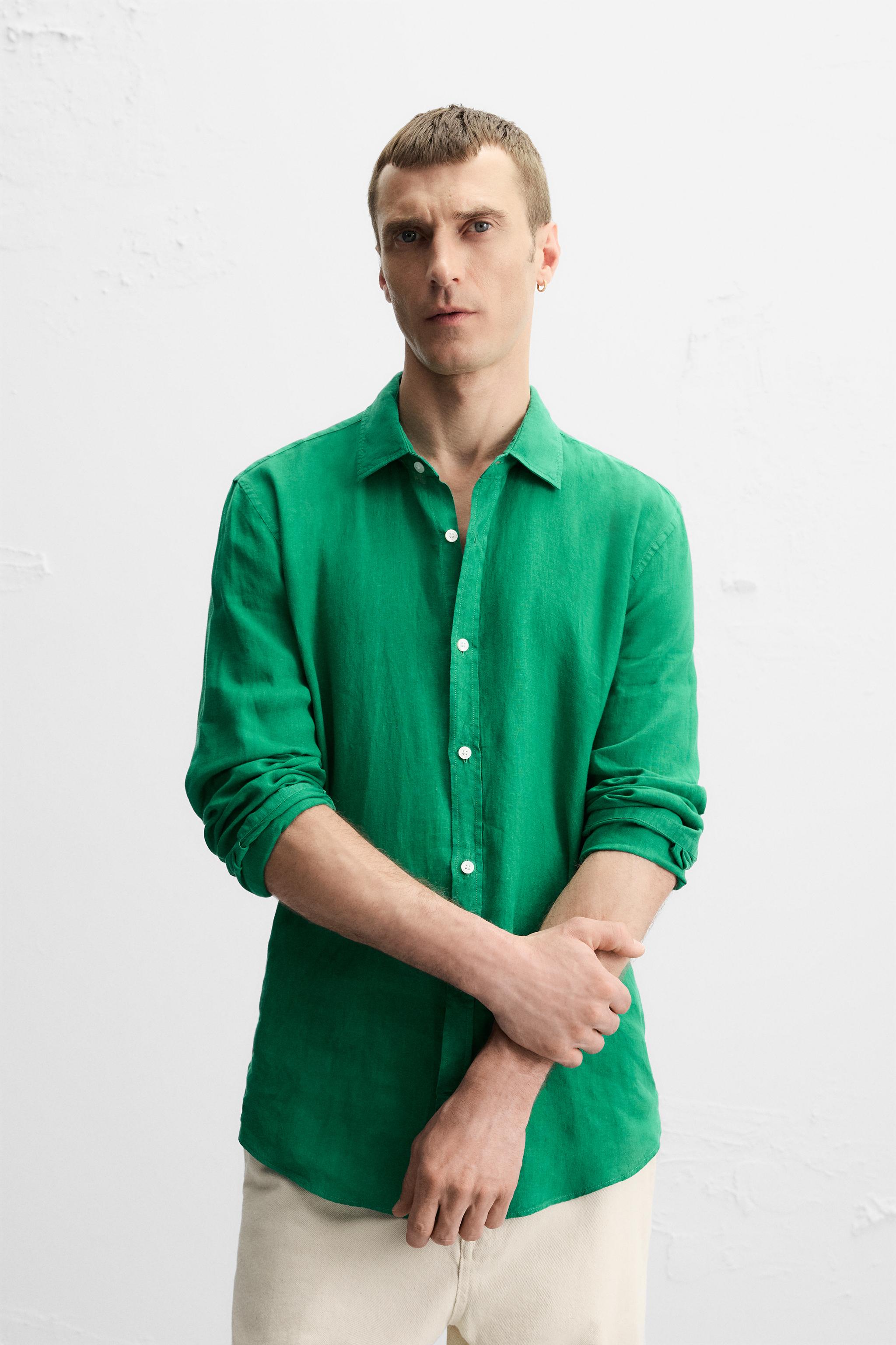 シャツ GREEN AND MULTICOLOR LINEN SHIRT 100% LINEN SHIRT - Mid-green | ZARA Canada