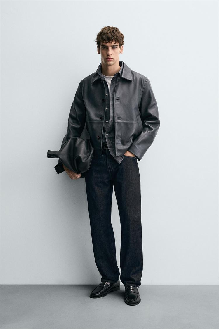 BOXY FIT LEATHER JACKET Navy blue ZARA United Kingdom