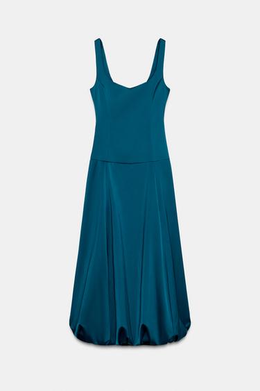 Zara PUFFBALL MIDI DRESS - Duck green