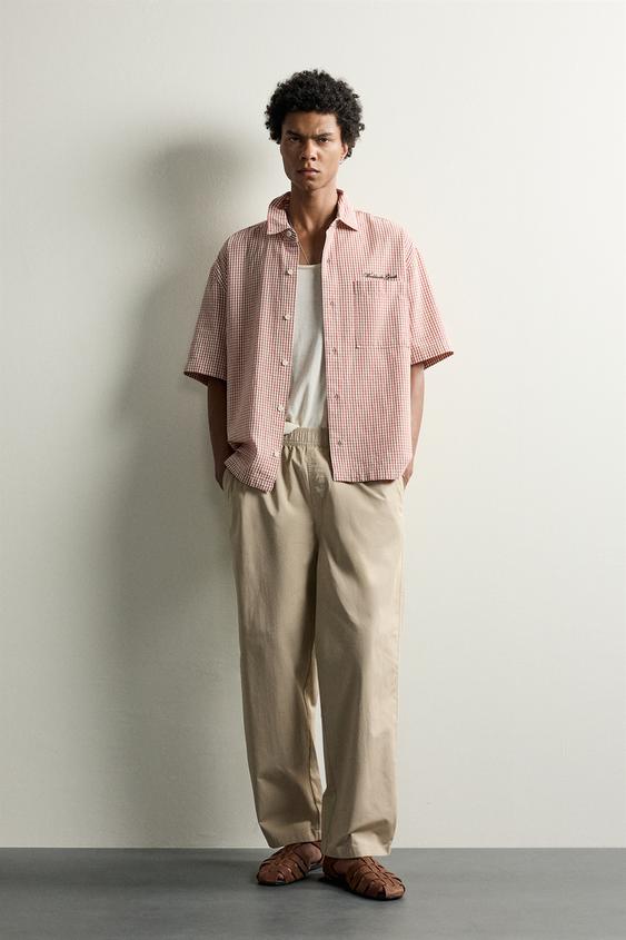 CAMISA BOXY FIT CUADROS BORDADO - Blanco / Rojo de Zara - Imagen 0