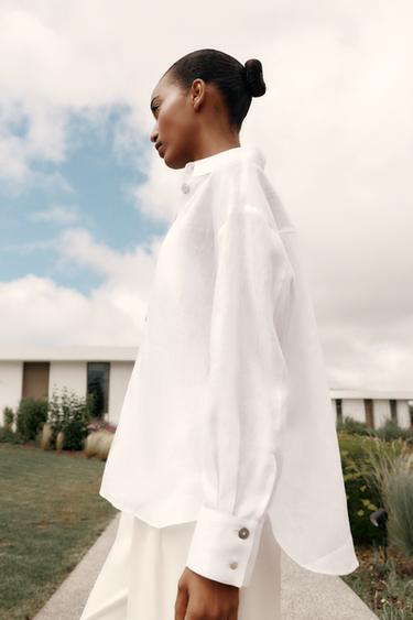 100% LINEN SHIRT WITH CONTRASTING BUTTONS - White by Zara - Image 2