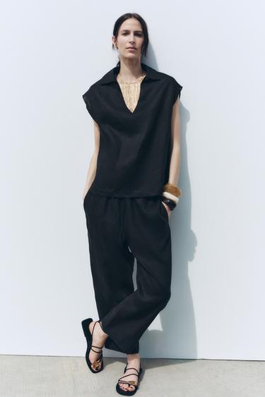 ZW COLLECTION 100% LINEN CROPPED TROUSERS - Black by Zara - Image 0