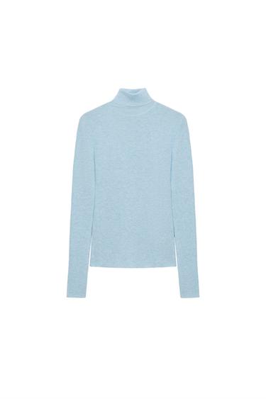 Zara WOOL BLEND HIGH NECK JUMPER - Light blue
