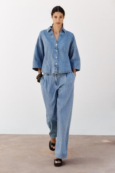 JEANS Z1975 WIDE LEG CẠP CAO XẾP LI - Màu xanh dịu từ Zara