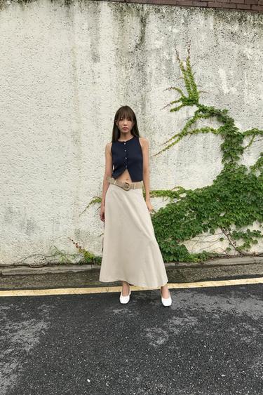 LINEN BLEND CAPE SKIRT WITH BELT - Sand by Zara
