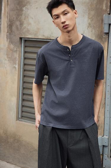 Zara 褪色效果鈕扣領 T 恤 - 海藍色