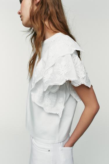 Zara SHORT SLEEVE RUFFLE T-SHIRT - White