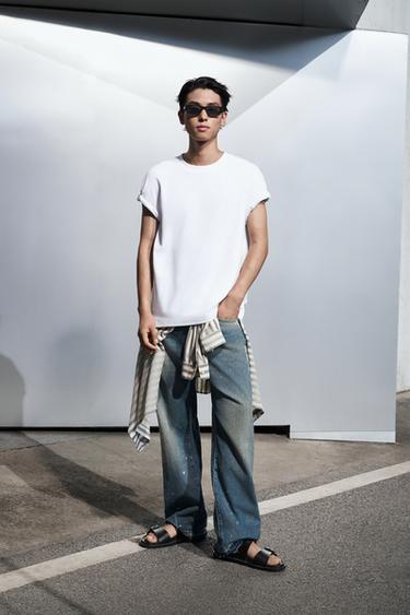 Zara 寬鬆版雙面織紋棉質T恤 - 白色