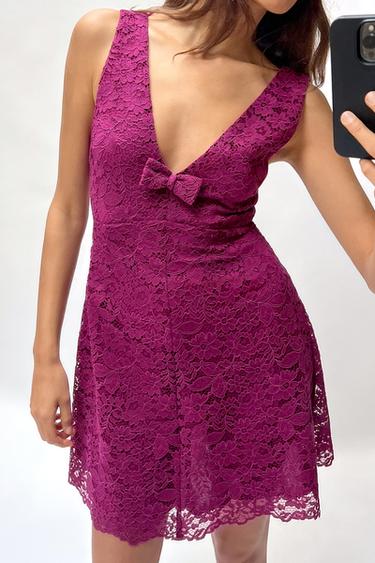 SHORT LACE PINAFORE DRESS - Fuchsia by Zara - Image 0