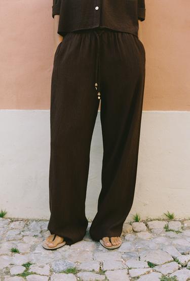 Zara FLOWY STRAIGHT LEG PANTS - Dark brown