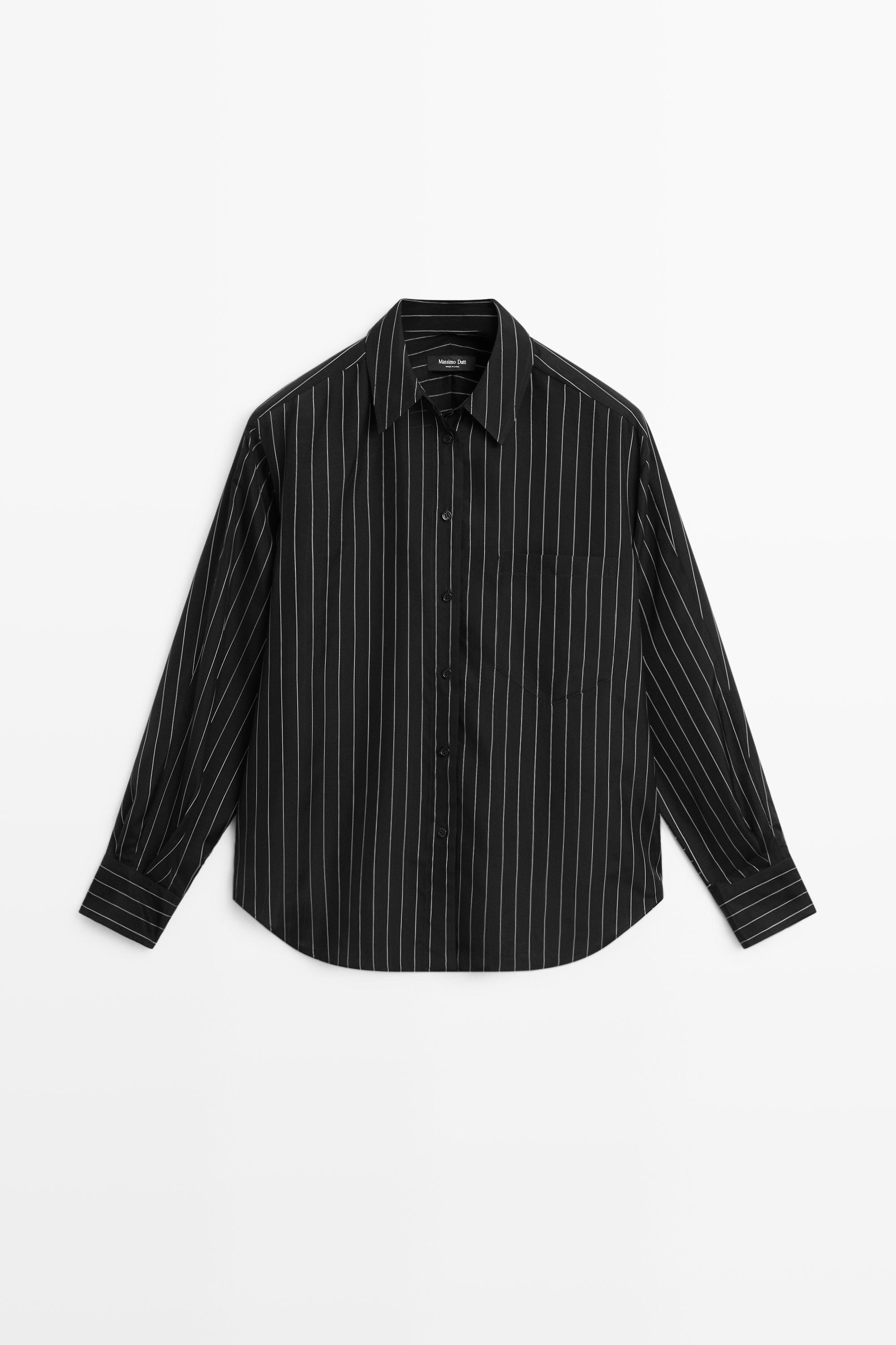 Striped flowing shirt with pocket detail — Black