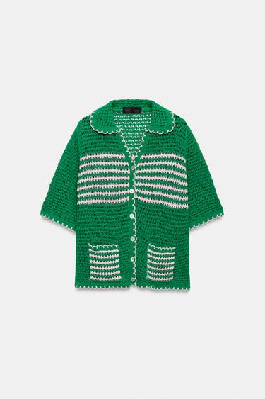 CHAQUETA POLO PUNTO CALADO RAYAS - Verde de Zara