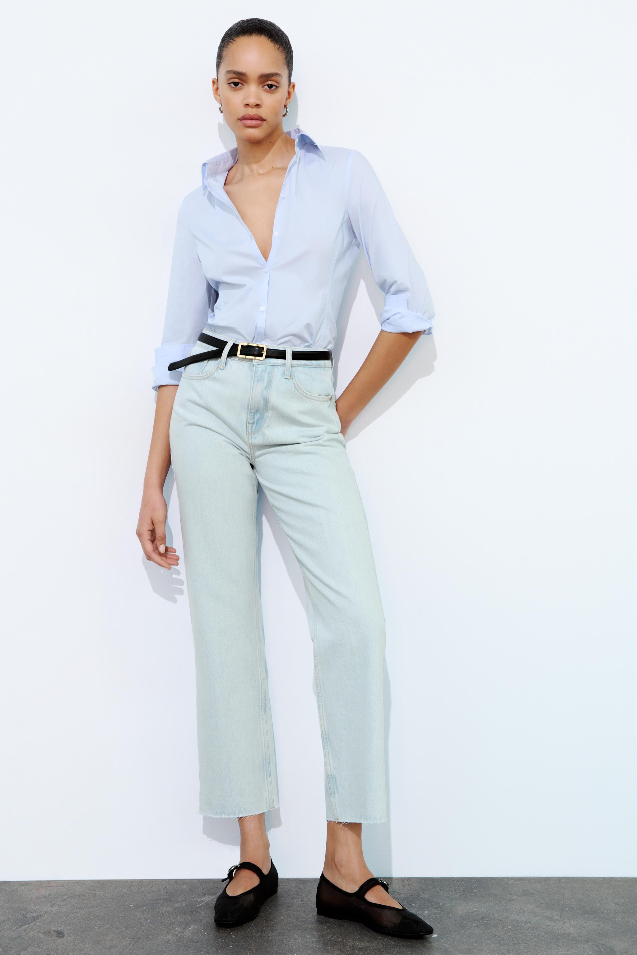 Sky blue jeans on sale with white shirt