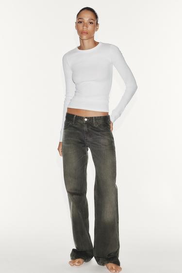 Zara TRF LOW-RISE WIDE-LEG JEANS - Light khaki