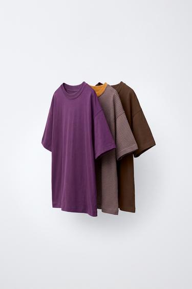PACK MIT DREI T-SHIRTS, EINFARBIG UND MIT STREIFEN - Violett von Zara
