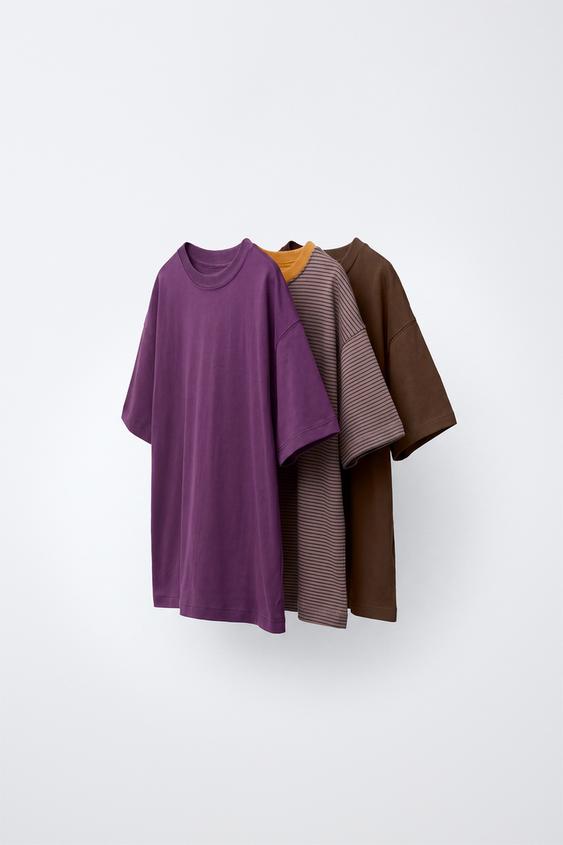 Zara PRINTED AND SOLID T-SHIRT 3-PACK - Purple - Image 0