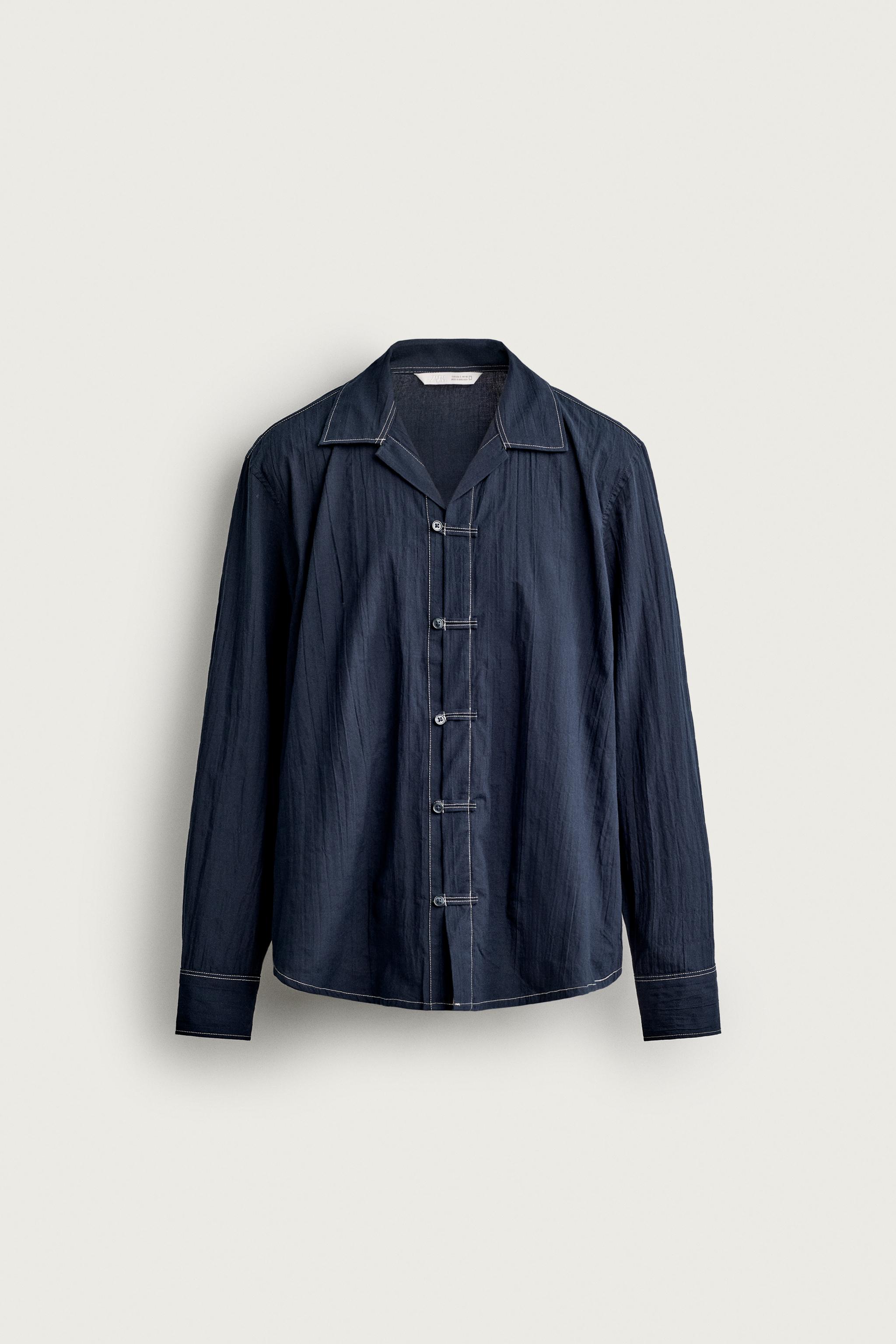 TEXTURED RELAXED FIT SHIRT WITH FROG FASTENINGS — Navy blue