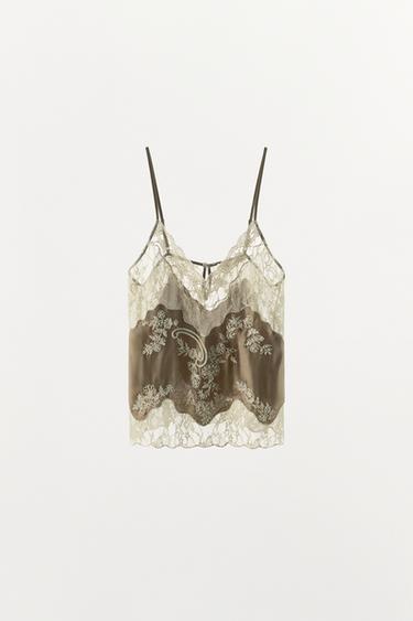 LACE AND BEADED CAMISOLE TOP - Greenish by Zara