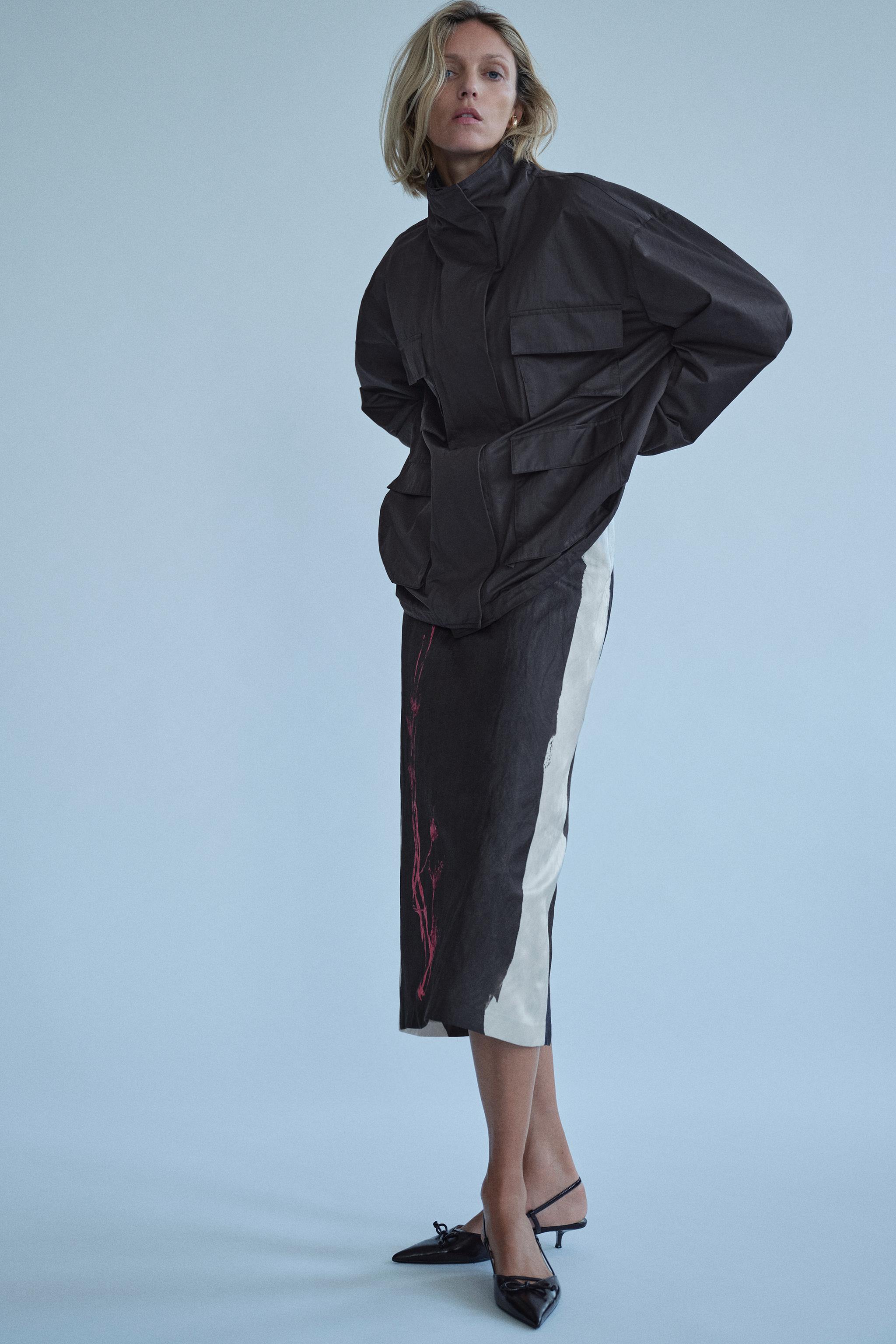 Zara ZW COLLECTION DESENLİ MİDİ ETEK