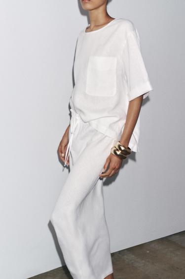 100% LINEN BLOUSE WITH POCKET ZW COLLECTION - White by Zara - Image 2