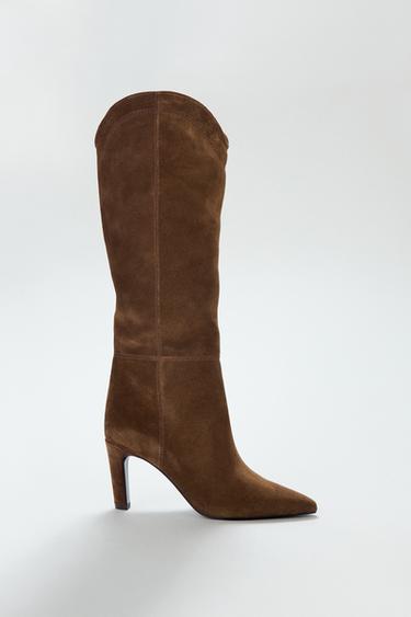 스티치 스웨이드 힐 부츠 - Zara 브라운