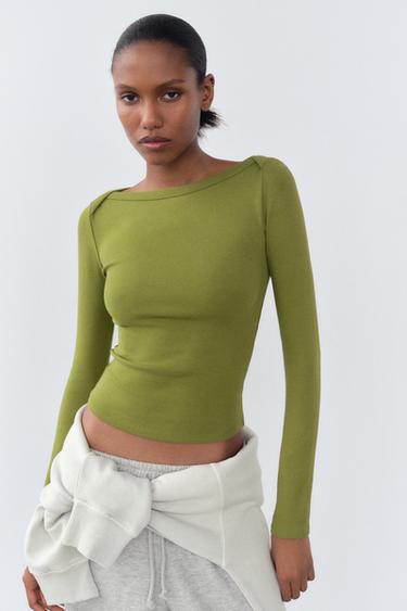 RIBBED BOAT NECK T-SHIRT - Pistachio by Zara - Image 0