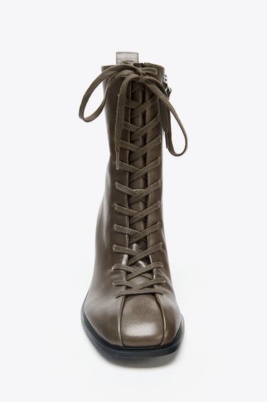 LEATHER LACE-UP ANKLE BOOTS - Taupe Grey by Zara - Image 5