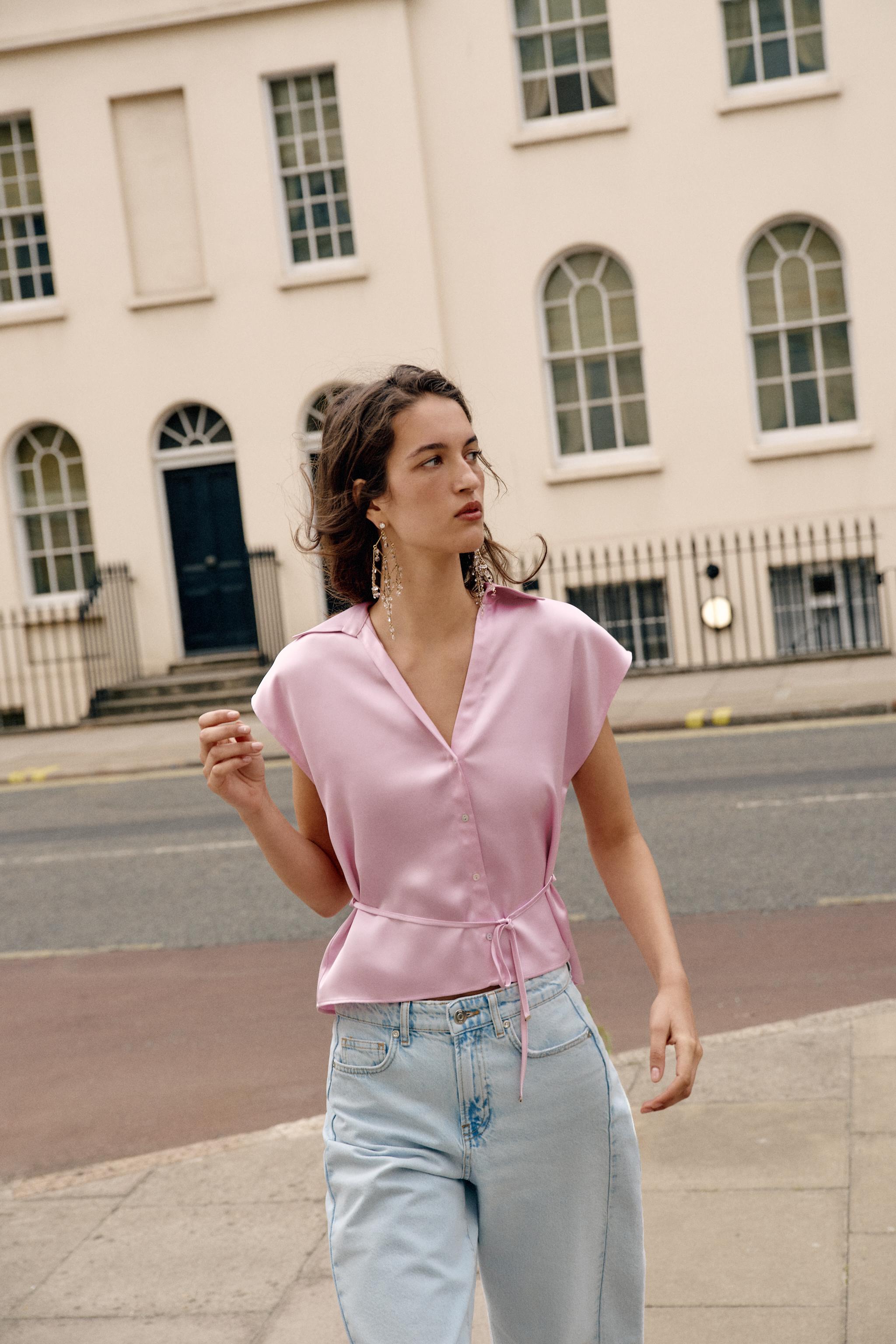 BELTED SATIN EFFECT SLEEVELESS SHIRT — Pink