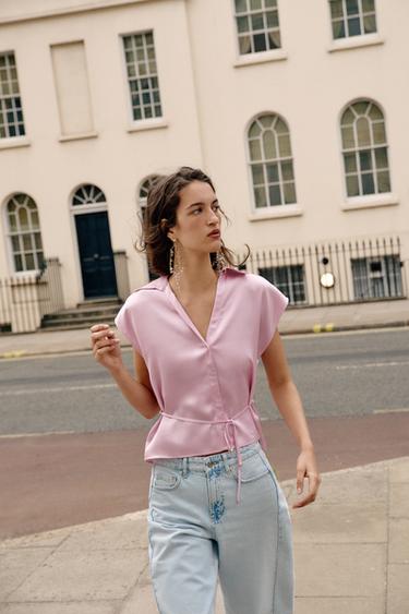 SHORT SLEEVE SATIN SHIRT WITH BELT - Pink by Zara