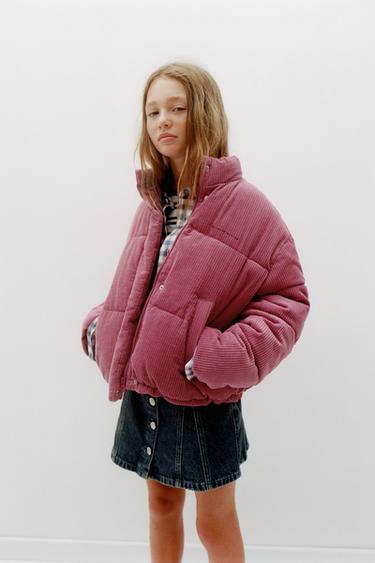 EMBROIDERED TEXT CORDUROY PUFFER JACKET - Dark pink by Zara