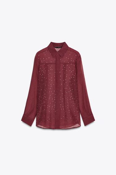 Zara FRONT BEADED SHIRT - Burgundy - Image 0