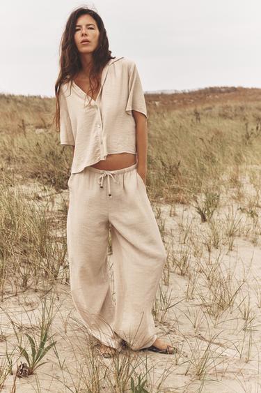 Zara ELASTIC WAIST WIDE LEG PANTS - Sand