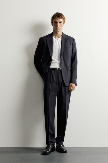 PANTALÓN TRAJE ESTRUCTURA ESPIGA CON LANA - Marino de Zara - Imagen 0