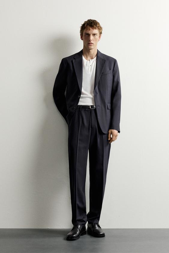 PANTALÓN TRAJE ESTRUCTURA ESPIGA CON LANA - Marino de Zara - Imagen 0