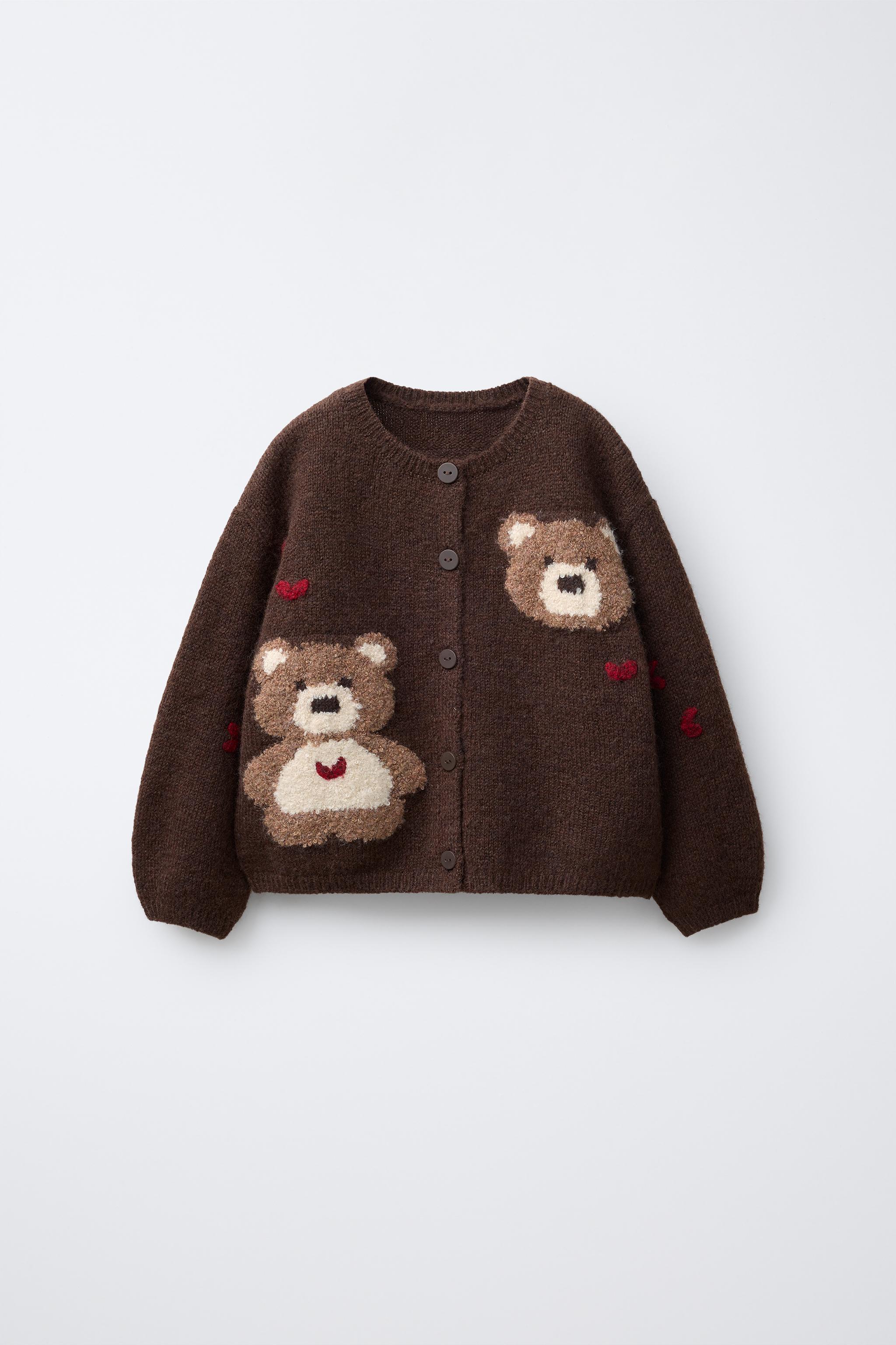 クマとハート柄ニットカーディガン - チョコレート | ZARA Japan
