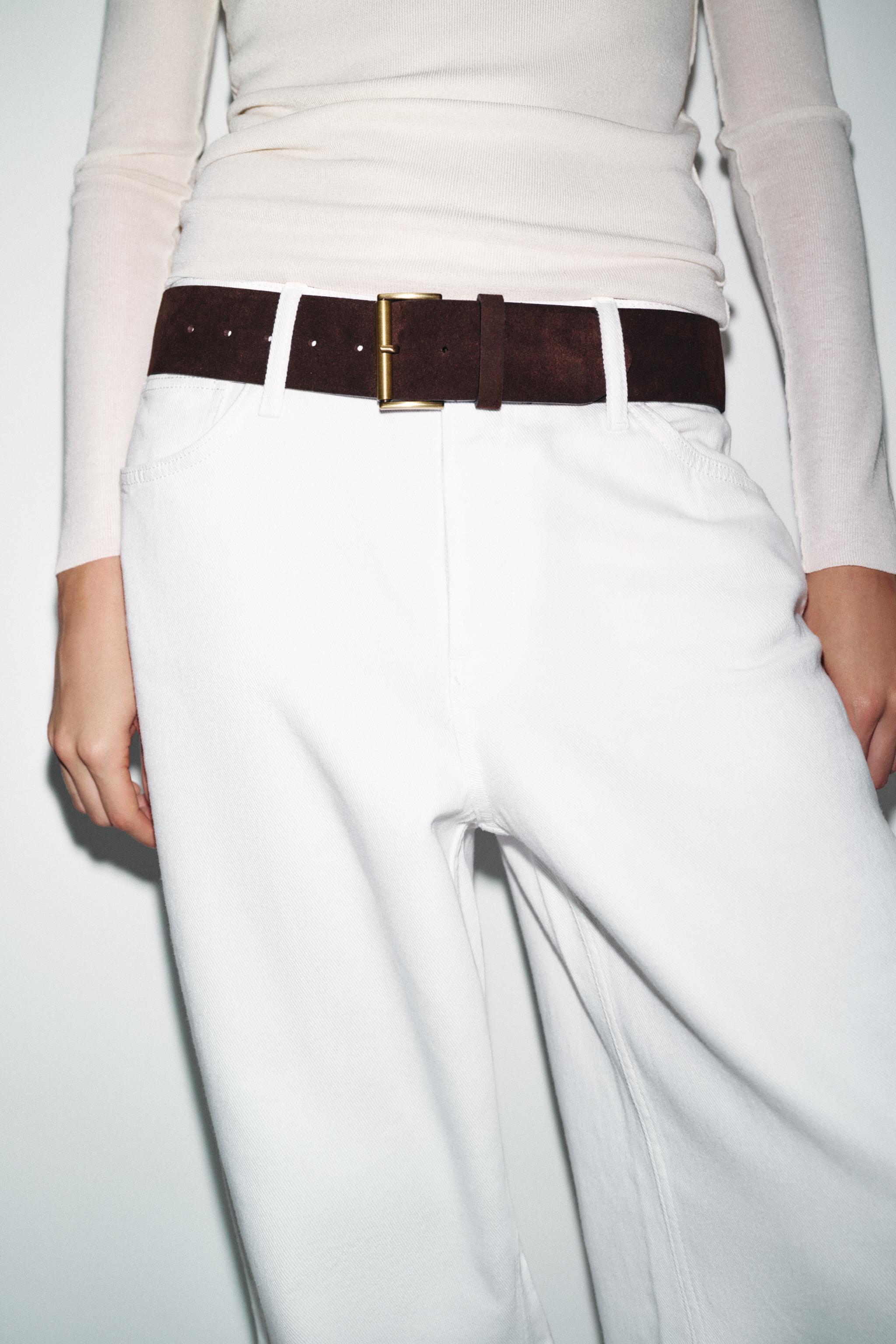 長方形バックル付き100% スエードレザーベルト - ブラウン | ZARA