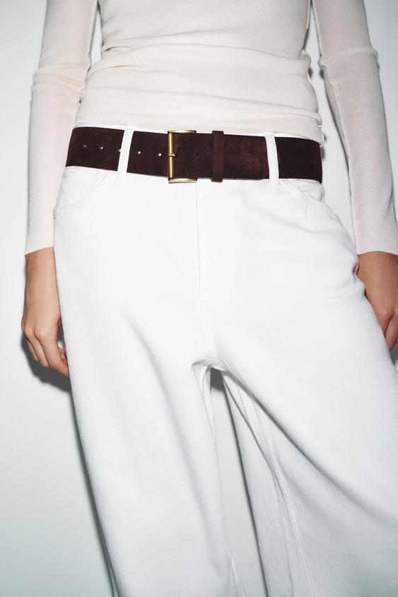 100% SUEDE LEATHER BELT WITH RECTANGULAR BUCKLE