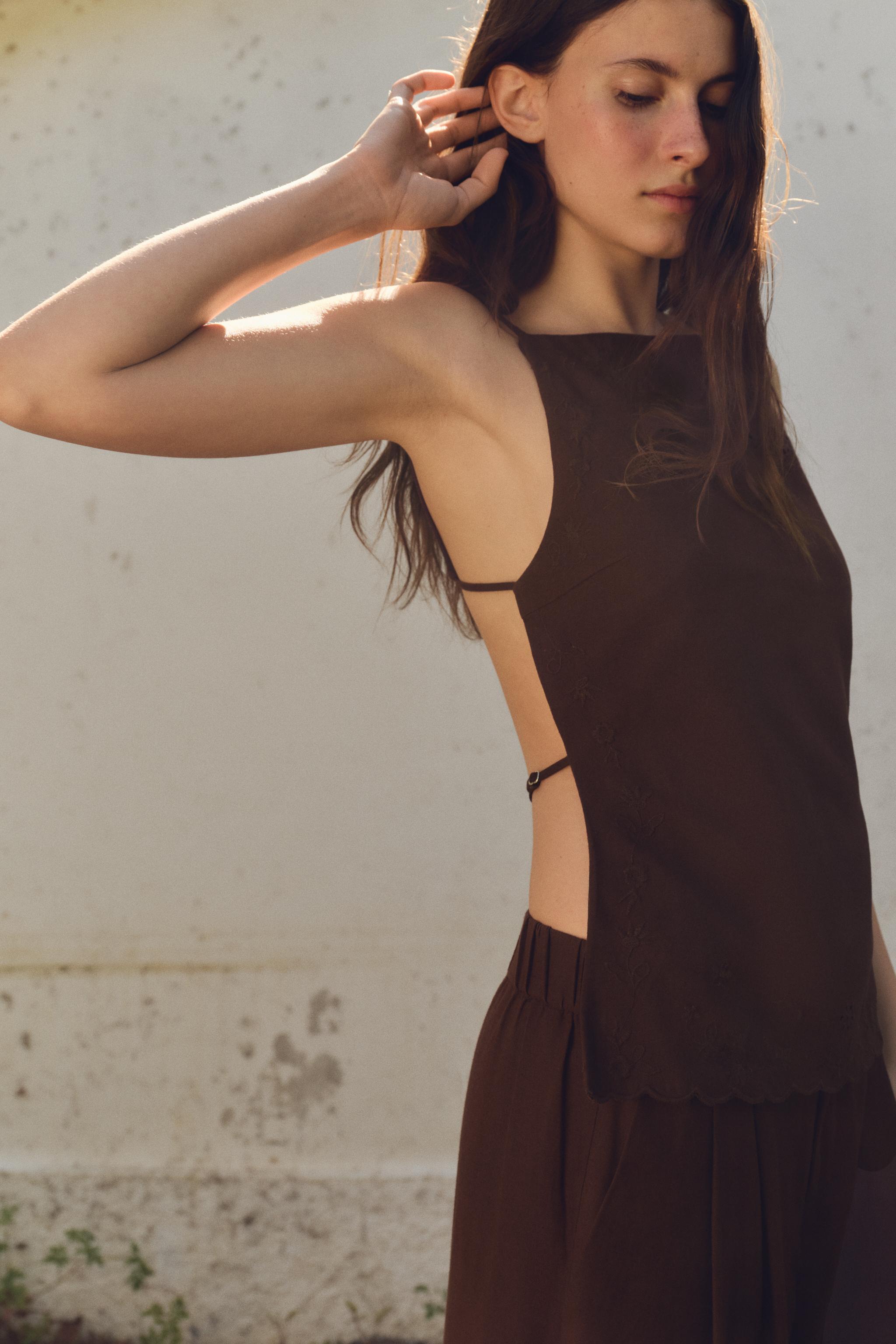 オープンバック刺繍トップス - ブラウン | ZARA Japan / 日本