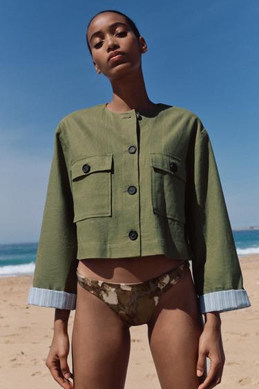 УКОРОЧЕННЫЙ ЖАКЕТ ИЗ СМЕСОВОГО ЛЬНА С КОНТРАСТНЫМИ МАНЖЕТАМИ — ХАКИ от Zara — изображение 0