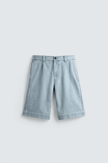 PLEATED RELAXED FIT DENIM BERMUDA SHORTS - Sky blue by Zara