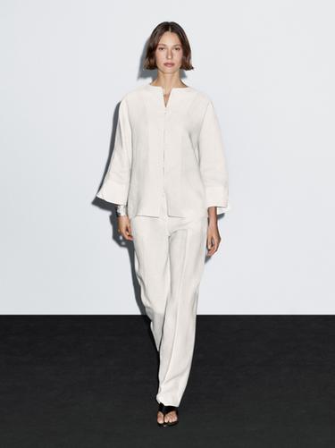Zara 100% linen kimono with button detail - Oyster-white - Image 0