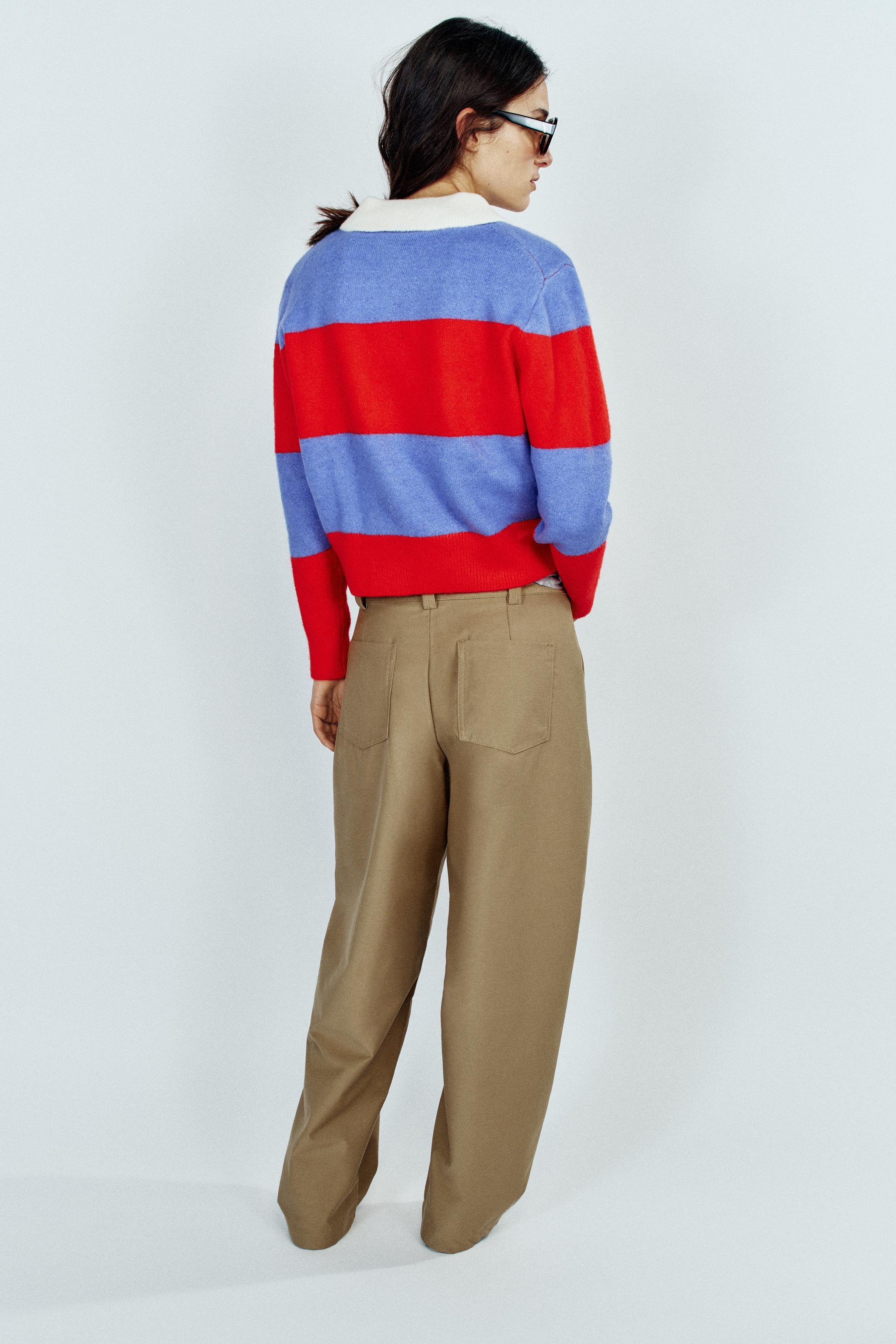 Zara ÇİZGİLİ VATKALI POLO YAKA KAZAK görsel 4